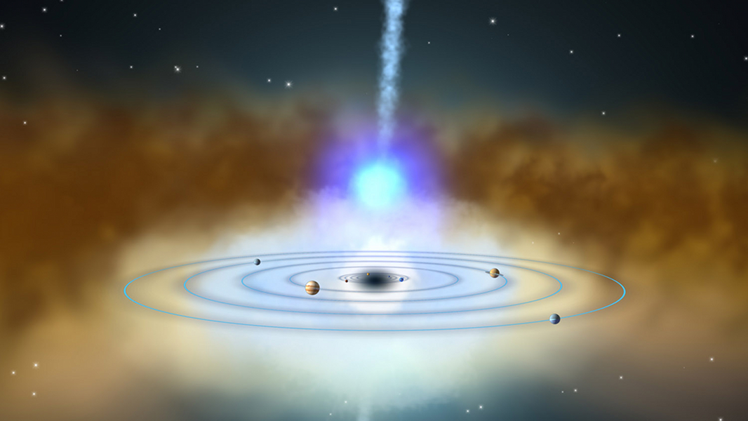 Artist view of active nucleus of NGC 4151 with solar system orbits for scale