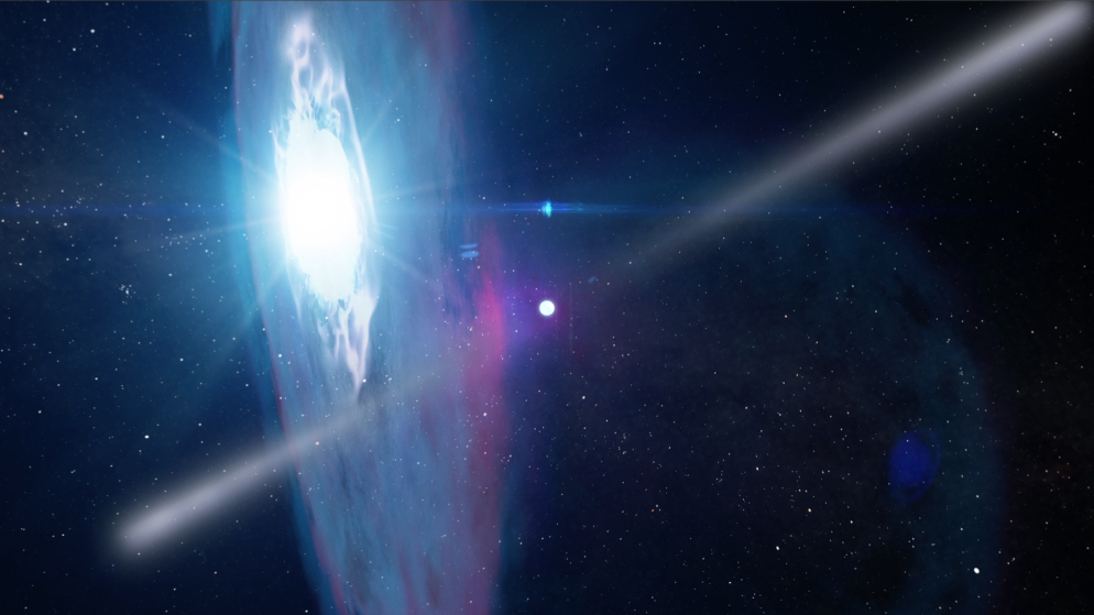 Artist representation of J2032+4127, a B-star+pulsar binary in a long period, eccentric orbit