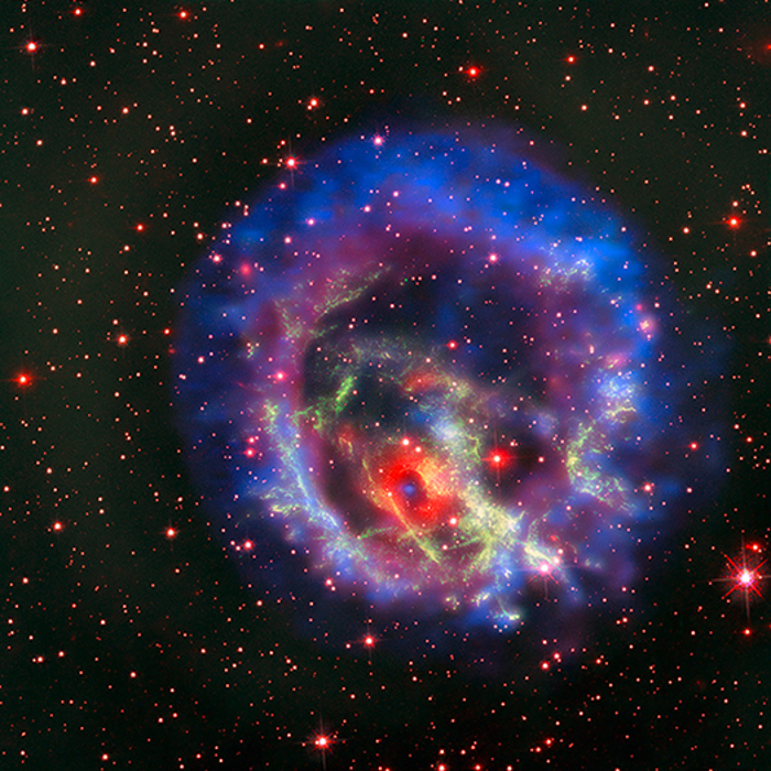 Optical and X-ray image of supernova remnant E0102 in the Small Magellanic Cloud with a newly-identified isolated neutron star inside the red ring