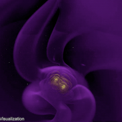 A frame from a simulation of the gravitational wave patter from two black holes of nearly equal mass spiraling around each other 