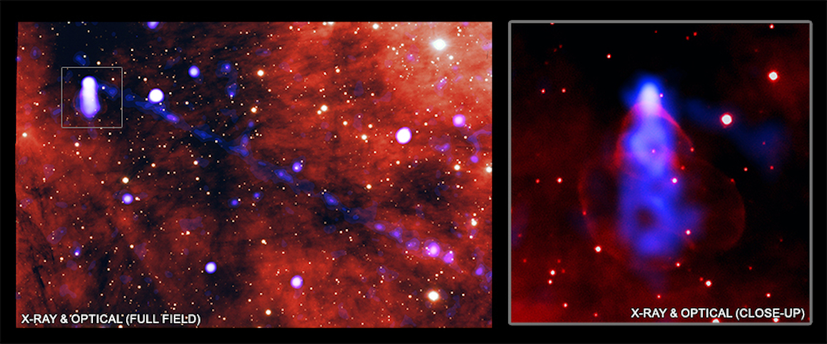 X-ray and optical image of pulsar showing high energy pulsar wind and  40 trillion mile long particle beam