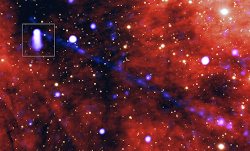 X-ray and optical image of pulsar showing high energy pulsar wind and  40 trillion mile long particle beam