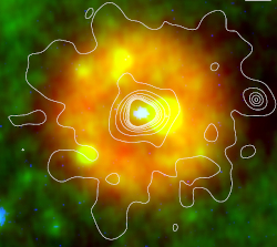 (a) WISE IR false color image of Pa 30; (b)false-color IR image with XMM-Newton X-ray contoursthe emission from the central star is highlighted in blue from the GALEX near-UV data, while the XMM-Newton contours; (c) deep KPNO optical image showing the diffuse SN shell