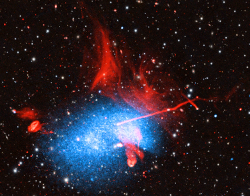 A composite of Abell 2256 including X-ray emission from the Chandra X-ray Observatory and XMM-Newton (in blue), radio images from the Giant Metrewave Radio Telescope (GMRT), the Low Frequency Array (LOFAR), and the Karl G. Jansky Very Large Array (VLA) (n red), and optical and infrared data from Pan-STARRs (in white and pale yellow)