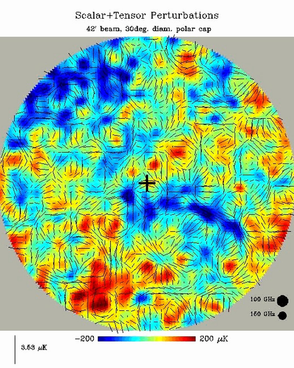 A simulated 30 degree diameter map of the CMB polarization superimposed on the CMB temperature anisotropy centered on the South Celestial Pole. The top panel shows the total polarization field due to the sum of the scalar and tensor modes, with T/S - 0.28