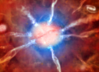 Planck (blue) and Fermi (red) all sky images superimposed