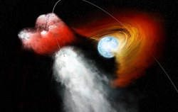 Illustration of a high mass binary system and the clumpy wind from the non-compact companion star