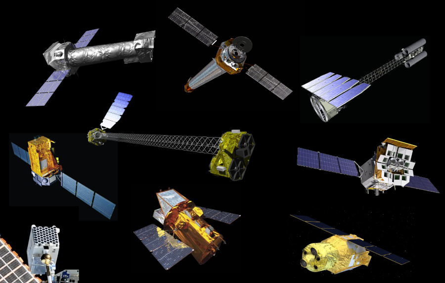 Cross-calibration of nine X-ray space observatories. From  top to bottom, left to right: XMM-Newton, Chandra, IXPE; INTEGRAL, NuSTAR, Einstein Probe; NICER, Swift, XRISM