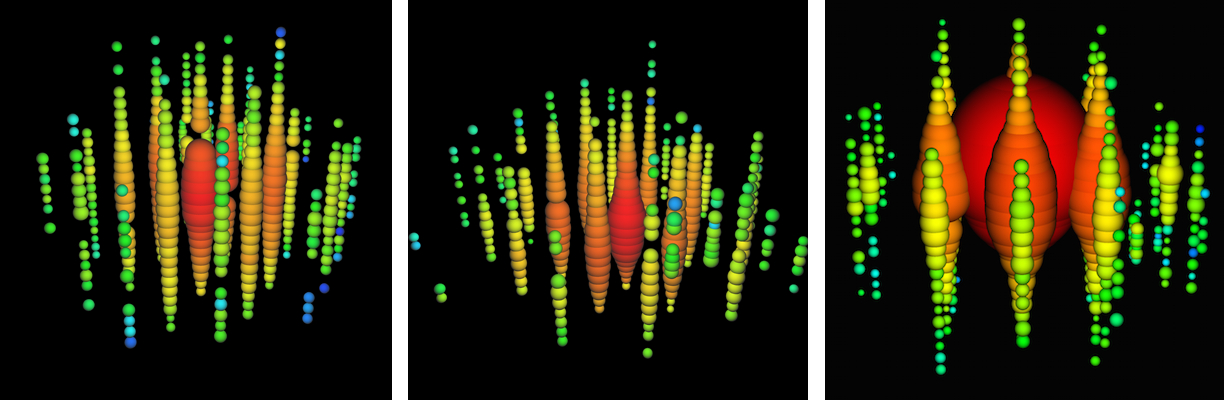 The three highest energy neutrinos, with energies of 1.0, 1.1 and 2.2 PeV, from left to right