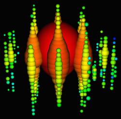 The three highest energy neutrinos, with energies of 1.0, 1.1 and 2.2 PeV, from left to right