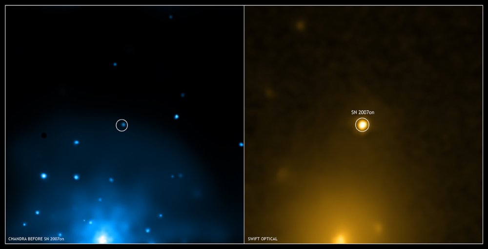 Chandra image of NGC 1404 SN precursor; Swift image of explosion