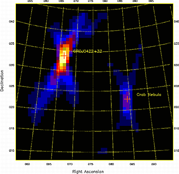 The black hole candidate GRO J0422+32 at peak outburst,
outshining the nearby Crab pulsar.