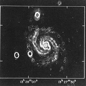 Blue light image of M51 with radio contours